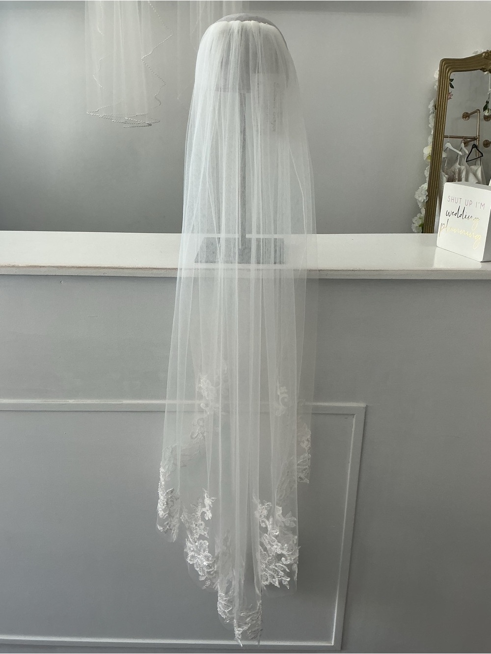 Long White Bridal Veil with Lace Edge